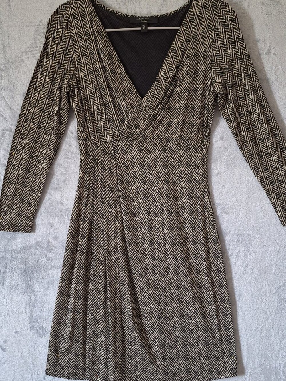 Weekend Mara Max Faux Wrap Herringbone Print Jersey Dress Black Beige White Sz S